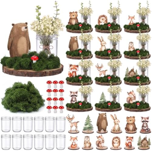 Rtteri 12 Set Woodland Animal Table Centerpiece Baby Shower Gifts Include Wood Slices Mason Jars with Forest Animal Decor Mushroom Moss Greenery for Rustic Party Gender Reveal Birthday Photo Props by Rtteri