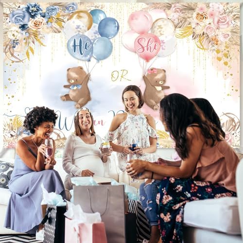 Bear Gender Reveal Backdrop We can Bearly Wait Photography Background 10x8ft Blue and Pink Flower He or She Boho Photo Background Baby Shower Banner Party Decorations - Image 2