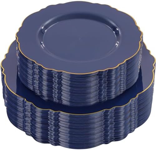 WDF 100pcs Blue Plastic Plates - Baroque Blue&Gold Disposable Plates for Parties/Wedding-50Plastic Dinner Plates 10.25in, 50Salad Plates 7.5in for Party/Birthday/Wedding/Independence Day/Father's Day by WDF