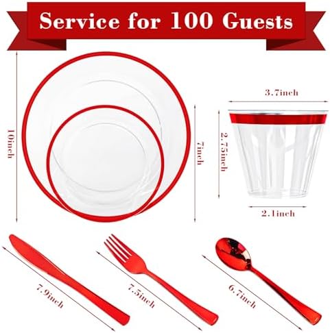 N9R 600PCS Clear & Red Plastic Plates, Disposable Dinnerware Set Heavy Duty - Image 2