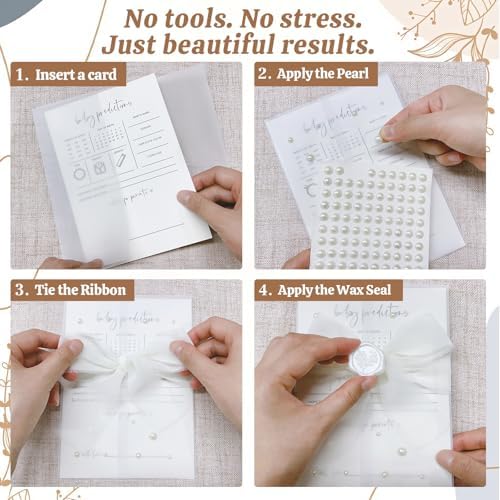 Wedding Invitation Kit, 50 Sets Pre-Folded Vellum Jackets for 5x7 Invites Ribbon Wax Seal Stickers Decorative Pearl Stickers for DIY Wedding Invitations Accessories - Image 5