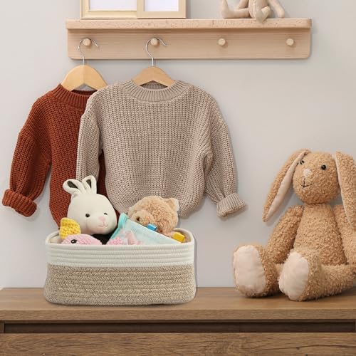 XUANGUO Small Woven Storage Baskets for Shelves, 13" x 9" x 5", White/Brown - Image 5