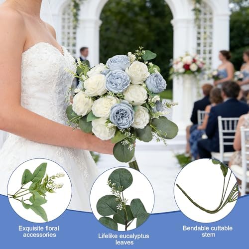 12 Bundles Dusty Blue White Artificial Peonies Silk Flowers Bulk - Image 6