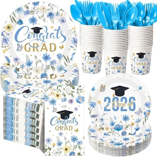 400 Pcs Class of 2026 Light Blue Graduation Decoration Floral for 50 Guests, Flower Blue Gold Graduation Paper Plates Napkins Cups Cutlery Grad Tableware for 2026 Congrats Grad Party Supply by Sunnychicc