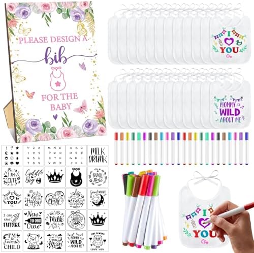 Panitay 100 Pcs DIY Baby Bibs Decorating Kit 50 White Bibs 25 Stencils 24 Markers 1 Baby Shower Game Sign by Panitay