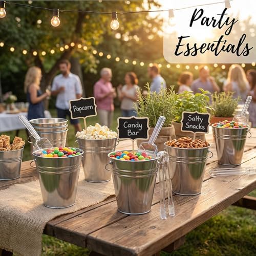 10 Pcs Galvanized Metal Buckets with Handle Include 5" Mini Candy Tin Bucket Plastic Scoops Serving Tongs Chalkboard Picks Markers Candy Bar Containers Birthday Party Wedding Buffet Supplies - Image 4