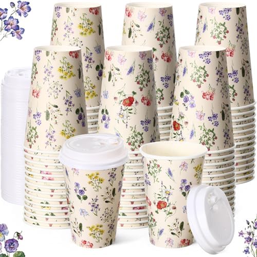 Funnymoom 100 Pieces Vintage Floral Disposable Paper Cups with 120 Lids 12oz Coffee Wildflower Coffee Cups for Spring Floral Themed Birthday Party Women Girls Bridal Wedding Tea Party Baby Shower by Funnymoom