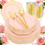 ejonirinjonir 180pcs Double Gold Rim Pink Plastic Plates for Sweet Party by Ejonirinjonir