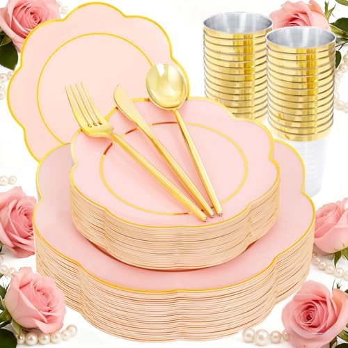ejonirinjonir 180pcs Double Gold Rim Pink Plastic Plates for Sweet Party by Ejonirinjonir