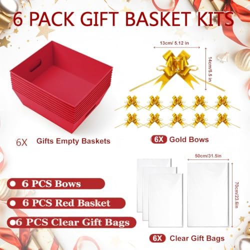 AFOROEOA 6 Pack Red Gift Baskets Empty, 10x8 Thick Paper Basket with 6 Clear Bags and 6 Pull Bows, Red Empty Gift Baskets for Christmas Valentine Wedding Birthday Holiday Party Wrapping - Image 3
