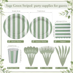 Mimorou 175 Pcs Sage Green and White Striped Party Tableware for 25 - Image 3