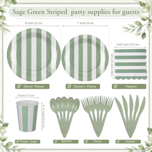 Mimorou 350 Pcs Sage Green and White Striped Party Tableware for 50 - Image 4