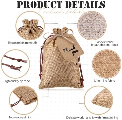 Woanger 100 Pcs Drawstring Burlap Gift Bags 4x6'' with Tags, Coffee Brown - Image 3