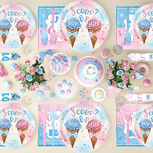 Whats The Scoop Gender Reveal Decorations, Ice Cream Boy or Girl Party Supplies, Pink and Blue Backdrop Banner Balloon Tablecloth Plate Napkin Cup Straw Knife Spoon Fork Sash 230 PCs - Image 5