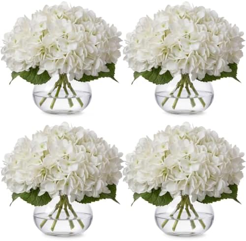 Zeyune 4 Pack Artificial Hydrangea Flowers with Vase (White) by Zeyune