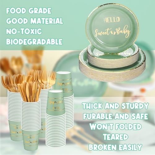 400 Pcs Baby Gender Reveal Plates and Cups and Napkins Sets with Forks Spoon Party Supplies Baby Shower Paper Tableware Gender Reveal Decorations Disposable Cutlery, Serves 50(Green,Hello Sweet) - Image 4