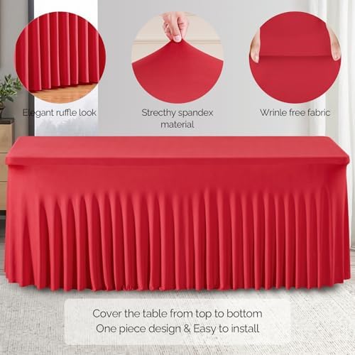 Wish Care 2 Pack Red Spandex Table Clothes for 6 Foot Rectangle Tables, 6FT Wrinkle Free Fitted Tablecloths Ruffles Design Table Cover for Party, Banquet, Wedding and Events - Image 6