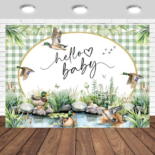 Mallard Duck Baby Shower Backdrop 10x7ft Hello Baby Mallard Duck Decorations Photography Background Green Water Meadow Plants Newborn Baby Shower Party Banner Photo Studio Prop (10x7ft) by Unknown