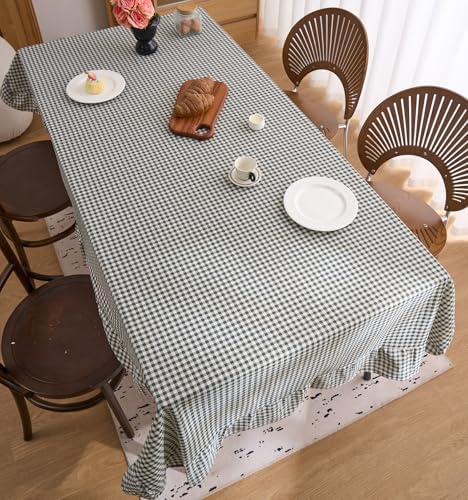 vctops Farmhouse Green Plaid Ruffle Table Cloth, Boho Cotton Linen Tablecloth, Washable Table Cover for Square Table Baby Shower Kitchen Party Wedding Decor (Grey Green,70"x70") - Image 4
