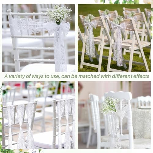 Moukeren 24 Sets White Lace Chair Sashes with Artificial Baby's Breath, 8.2ft Wedding Aisle Pew Decorations Church Ceremony Chair Ribbons for Bridal Shower Banquet Party Decor - Image 6