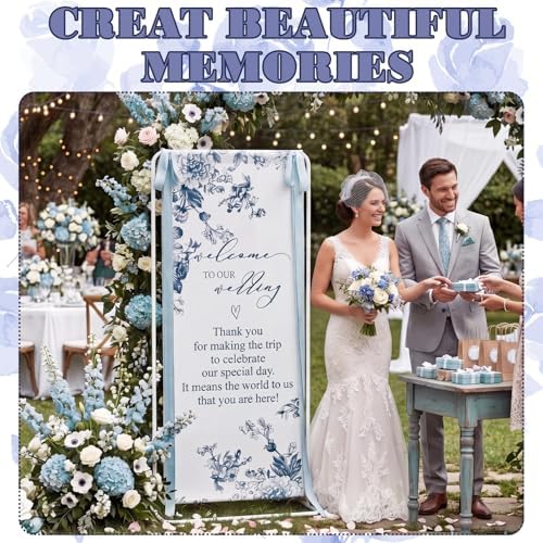 Chinoiserie Floral Wedding Welcome Linen Sign Stand(Blue) - Image 4