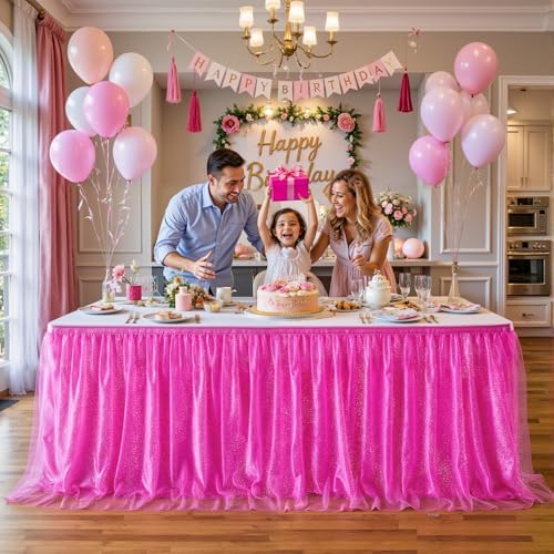 Hot Pink Tulle Table Skirt 14FT Desk Skirt for Classroom Dorm Teacher Desk Back to School Desk Curtain Skirt Ruffle Tutu Shimmer Table Skirting for Birthday Baby Shower Party Cake Dessert Table Decor - Image 7
