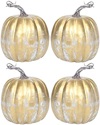 vensovo 6 Inch Distressed Gold Artificial Pumpkins, 4 Pack by vensovo