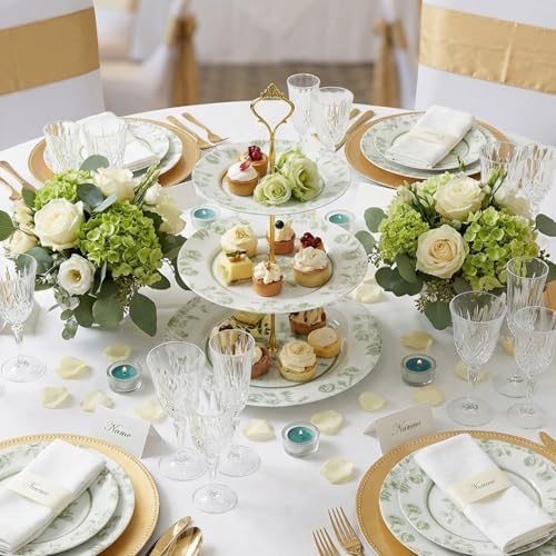 Lallisa Sage Green Floral 3 Tier Dessert Stand 10", 9" and 7" Ceramic Vintage Chinoiserie Tea Party Tiered Tray Cupcake Stand Display Holder Tower for Wedding Baby Shower Bridal Shower Tea Party - Image 2
