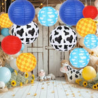 Whaline 12Pcs Cartoon Story Paper Lantern Kits Red Blue Cow Print Yellow Checkered Hanging Round Lanterns for Birthday Baby Shower Party Decoration - Image 4