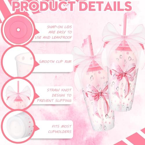 Willinglong 12 Pink Bow Cups with Lid Straw Galentines Party Favor 24 oz - Image 3