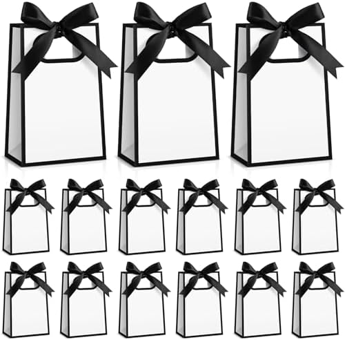 AmazingSpark 50 Pcs White Black Mini Gift Bags Bulk 6.3 x 3.9 x 2.8 Inch Party Favors Elegant Small Gift Bags with Handles and Ribbon Bows for Wedding Birthday Bridal Baby Shower Party Favors by Unknown