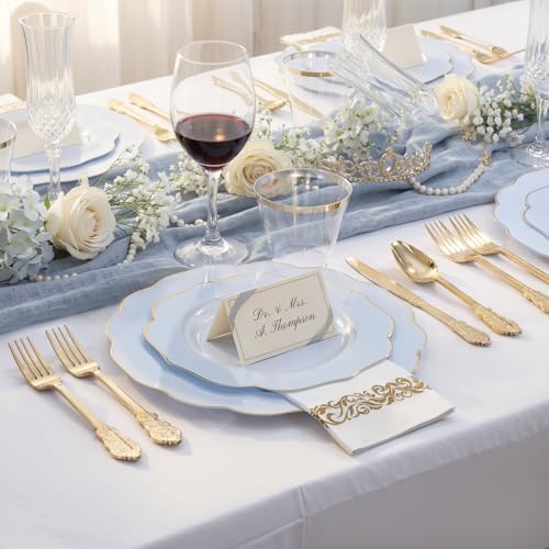 NOCCUR 175PCS Blue Plastic Plates with Gold Disposable Silverware - Include 50 Light Blue and Gold Plastic Plates,25 Knives,25 Forks,25 Spoons,25 Cups and 25 Napkins - Baby Shower/Party/Spring/Wedding - Image 4