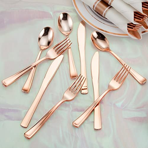 50 Pack Pre Rolled Rose Gold Plastic Silverware Set with Napkins,Disposable Wrapped Heavy Duty Cutlery Set for Wedding Birthday Party-50 Forks,Knives,Spoons,Utensils Set,Plasticware Bulk - Image 6
