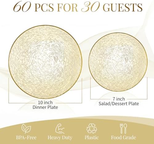 Liacere 60Pcs Yellow Plastic Plates - Yellow Disposable Plates With Gold Rim, Heavy-duty Gold Plates,Water ripples Party Plates Include 30 Dessert-Platos,30 Dinner-Platos for Party ＆ Summer & Wedding - Image 3