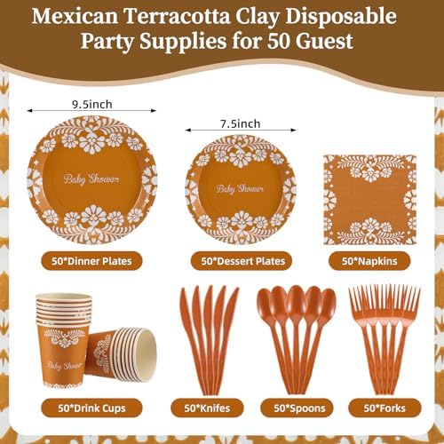 Mimorou 250 Pcs Mexican Baby Shower Supplies Cielito Lindo Decoration Platos De Barro Mexicanos Clay Plates Terracotta Pottery Paper Cups Napkins Forks for Mexican Birthday Wedding Party Decorations - Image 2