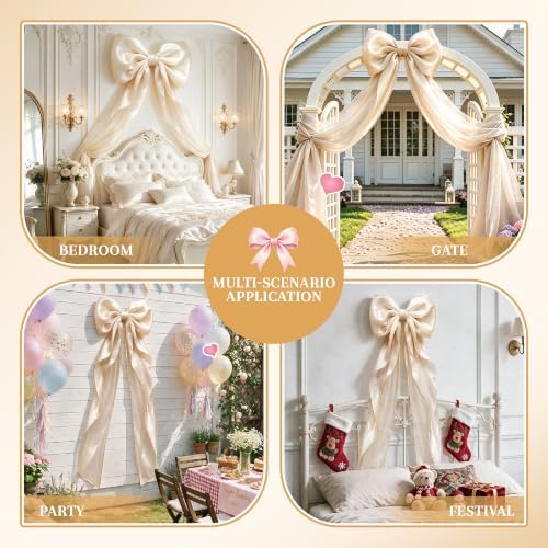 Big Beige Bow Decor, Christmas Tree Topper Bow, Oversized Hanging Bow with Long Streamers, Large Bow for Entrance Wall Backdrop Wedding Birthday Bridal Shower Home Decor Coquette Room Decor, 16 x 85in - Image 6