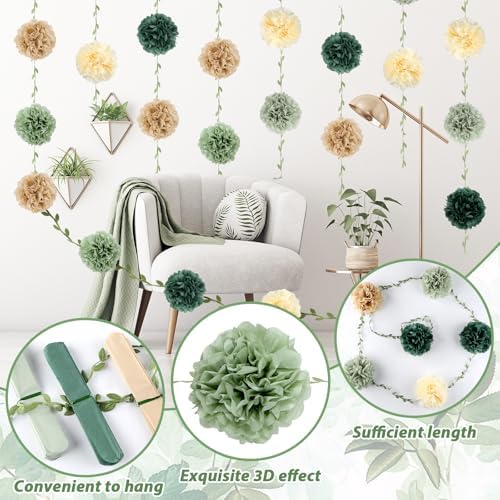 2Pcs Sage Green Tissue Paper Pom Pom Garlands Sage Green Flower Leaves Banner Hanging Paper Flower Garlands for Birthday Baby Shower Boho Wedding Engagement Bridal Shower Party Decor 8.2ft (Pack of 3) - Image 3