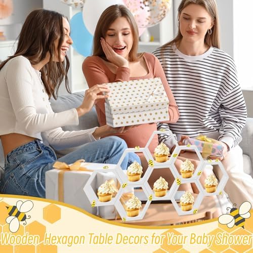 Denylo pro 8 Pcs 4.13 Inch White Cupcake Stand Hexagon Cake Farmhouse Wood Cupcake Stand with Small Bee for Baby Shower Birthday Party Table Decorations - Image 6