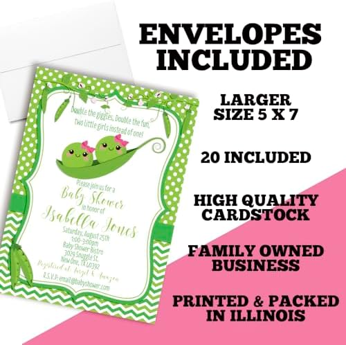 Amanda Creation Custom Invites Pea Pod Twin Girl Baby Shower Invitation 20 5x7 Custom Personalized Twin Girl Baby Shower Invites With Envelopes - Image 6