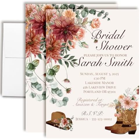 Amanda Creation Western Bridal Shower Invitations Personalized for Her, 30 5x7 Bridal Shower Invitations with Envelopes, Rustic Cowboy Boot Floral by AmandaCreation