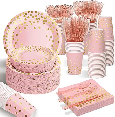 AIRE 350PCS Pink and Gold Party Supplies, Severs 50 Disposable Partyware, Gold Plastic Cutlery, Napkins, Plates for Baby Shower, Birthday, Wedding by AIRE