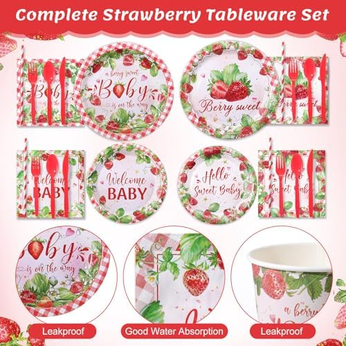 450 Pcs Tableware Set, Serve 50, Red and Pink, Strawberry Baby Shower - Image 3