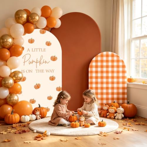 FYSUIMU 3 Pcs Fall Arch Backdrop Covers A Little Pumpkin is on the Way Baby Shower Decorations Orange Plaid Stretchy Spandex Arch Stand Fabric Cover for Autumn Gender Reveal Birthday (4ft/5ft/6ft) - Image 7