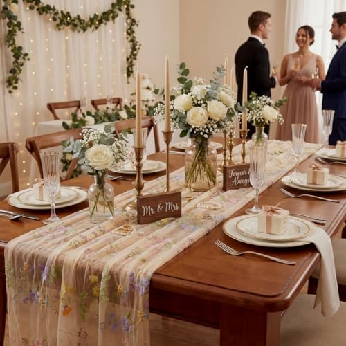 Floral Table Runner 10ft Embroidery Tulle Spring Wildflower Gauze Table Runner Seasonal Summer Butterfly Kitchen Dining Decoration for Wedding Baby Shower Birthday Party (Champagne,10 Pcs) - Image 5