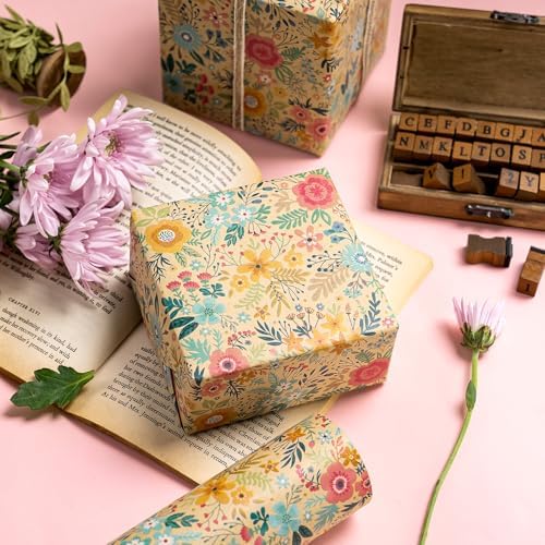WRAPAHOLIC 30 Inch Jumbo Kraft Floral Wrapping Paper Roll - 30 Inch x 100 Feet Jumbo Roll - Spring Summer Garden Flower Design Perfect for Wedding, Bridal Shower, Birthday - Image 6