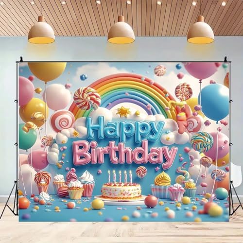 Happy Birthday Rainbow Candy Lollipop Balloons Cartoon Dreamy Background One 1st Birthday Backdrop with Colorful Balloons Lollipops and Cake for Kids Baby Showers and More Party Backdrop (C, 8x6feet) - Image 6