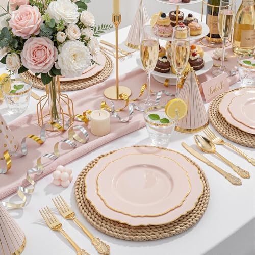 WDF 100pcs Pink Plastic Plates - High-end Baroque Design - Pink and Gold Plates - Including 50 Disposable Plate 10.25inch, 50Salad Plate 7.5inch for Wedding/Baby Shower/Spring/Birthday - Image 3