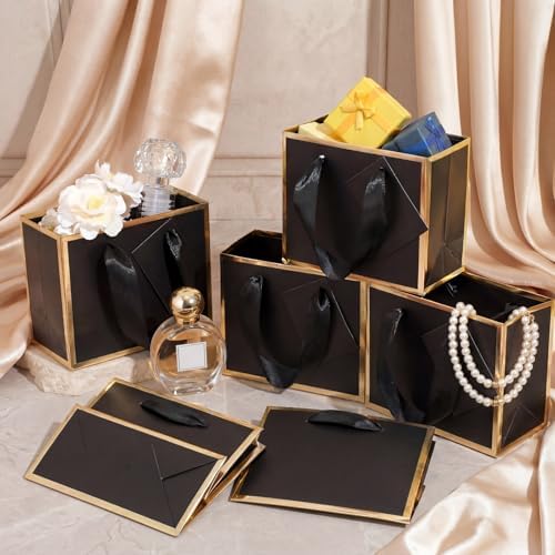 Yeaqee 100 Pcs Mini Metallic Paper Gift Bags with Handle, Black, Gold - Image 5