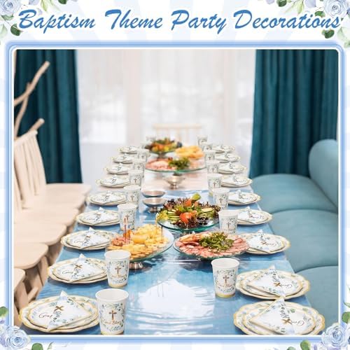 Ziliny 250 Pcs God Bless Baptism Party Tableware Set for 50 Guest First Holy Communion Decorations Blue Eucalyptus Leaves Paper Plates Napkins and Cups for Christening Baby Shower Religious - Image 5