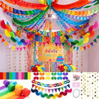 TaoBary Rainbow Party Decorations, 6 Roll Crepe Streamers 600 Paper Chain Garland Strips 4 Star Hanging 2 Felt Pennant Flag 2 Paper Fans Garland 6 Four Leaf Clover Streamers for Birthday Party by TaoBary
